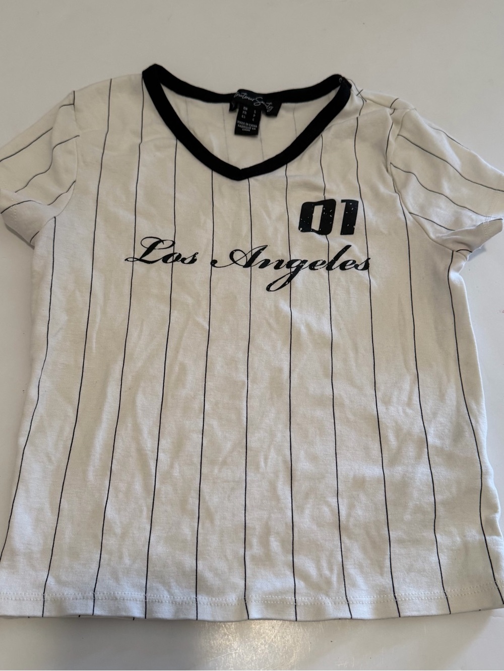 Streetwear Society White & Black Pinstripe 'Los Angeles' V-Neck Graphic Tee
